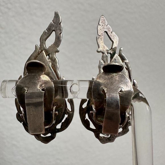 Vintage Siam Dancer Sterling Silver Black Niello Enamel Earrings Clip-on 50's - Picture 9 of 16